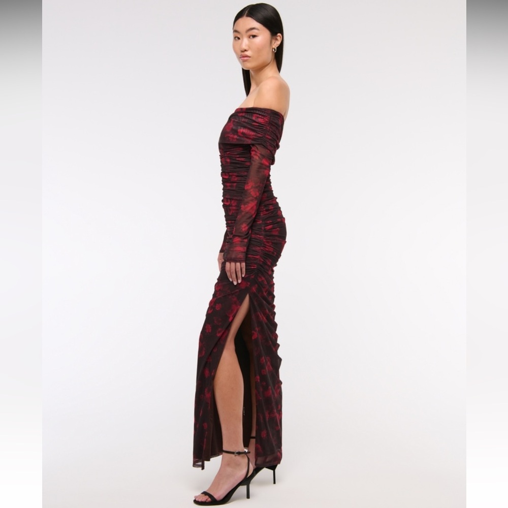 Abercrombie Long-Sleeve Mesh Asymmetrical Draped Maxi Dress